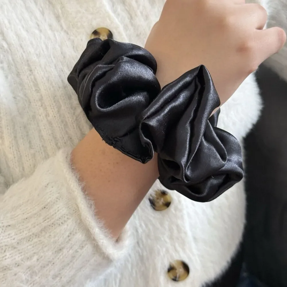 Luxury Black Satin Scrunchie Handmade – Statement Hair Accessory - Picture 4 of 10
